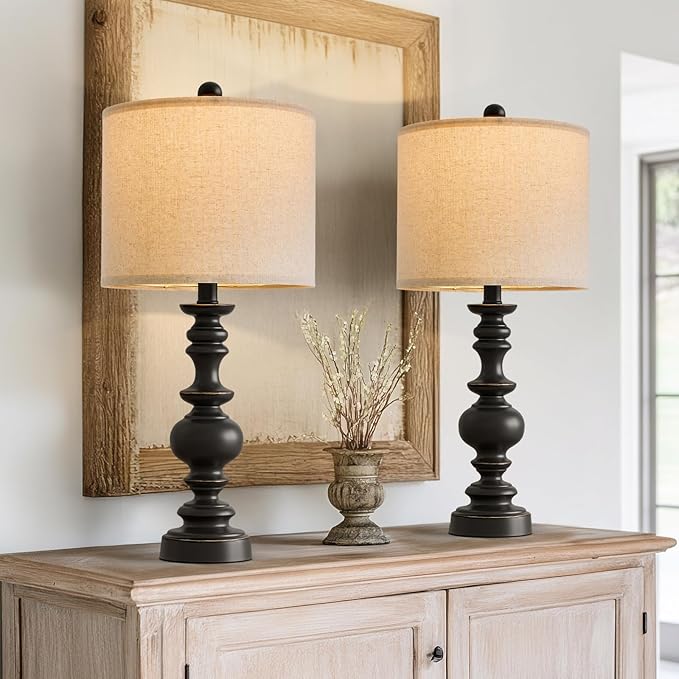 BOBOMOMO 24" Traditional Farmhouse Table Lamp Set of 2, Vintage Resin Lamps for Living Room Bedroom, Rustic Nightstand Lamp with Linen Shades, Retro Black Table Lamps for Living Room, Bedroom, Office