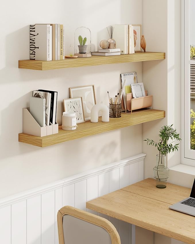 Marsmiles 31.5" Floating Shelves for Wall, Wooden Shelves with Invisible Brackets Set of 2, Rustic Farmhouse Wall Mounted Shelf for Kitchen Bathroom Living Room Study, Natural Oak