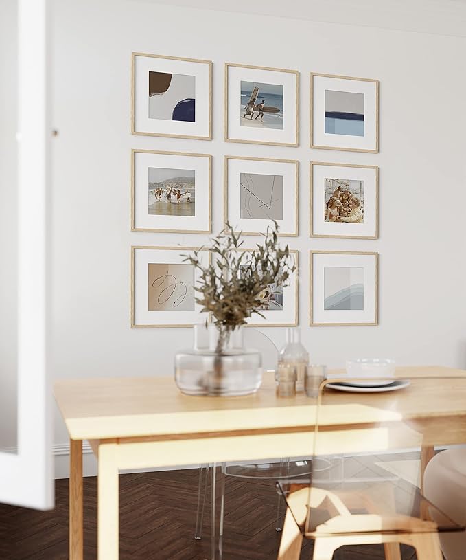 HAUS AND HUES Square Picture Frames 12 x 12 Set of 9 - Photo Gallery Wall Frame Set, Wood 12x12 Frames, 12 x 12 Frames Gallery Wall Set, 12x12 Frame with Mat, Square Frames 12x12 (Beige Oak Frames)