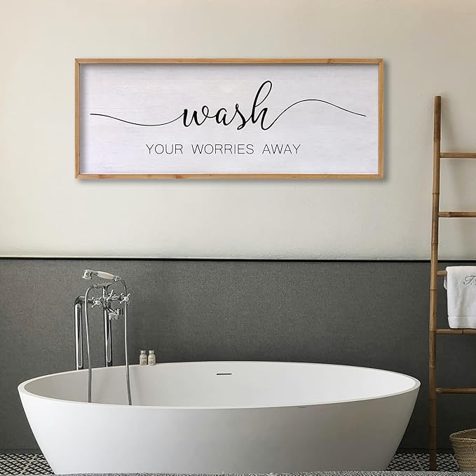 Wash Your Worries Away Bathroom Wall Art 24×10 Inch Wood Framed Decor Funny for Laundry Room Restroom Modern Rustic Inspirational Sign (Wood)
