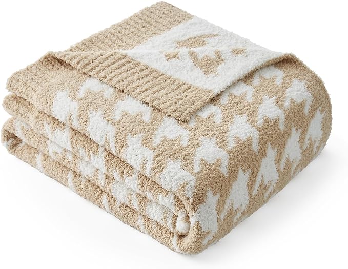 Snuggle Sac Throw Blanket for Couch, Reversible Super Soft Warm Blankets Cozy Knit Fuzzy Plush Lightweight Throws for Sofa, Bed, Camping,Houndstooth Beige,50x60 inches