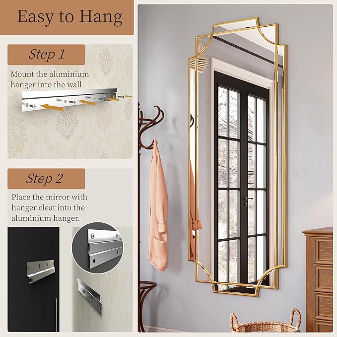 Kelly Miller Large Gold Full Length Mirror for Wall, 60"x30" Full Body Mirror Beveled Scalloped Modern Elegant Home Decor for Bedroom Living Room Bathroom Dressing Room Entryway Hallway