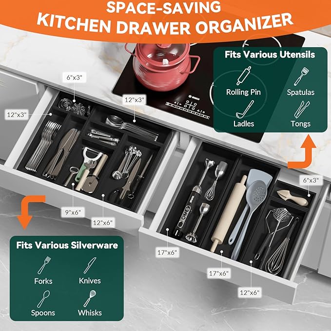 Premium Bamboo Kitchen Drawer Organizer - Set of 2, Stackable Utensils Holder, Storage Box Tray for Kitchen Drawers, Cabinet, Utensil, Silverware, Spatula, Flatware or Makeup, Vanity, Bathroom(Black)