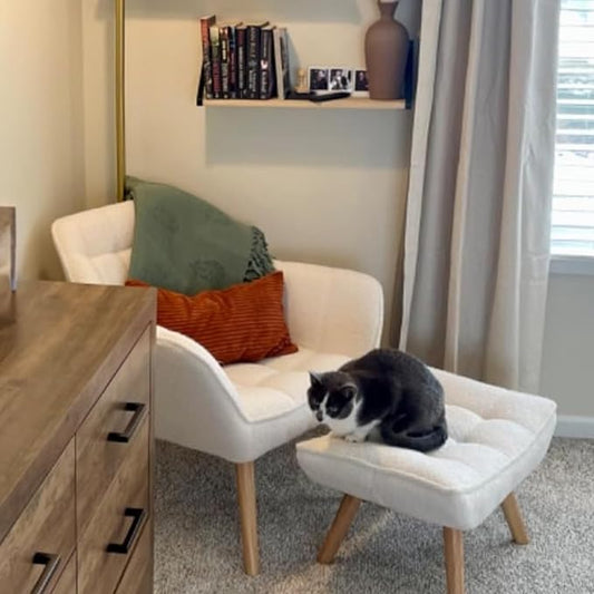 White Sherpa Accent Chair with Ottoman ,Modern Reading Chair with Ottoman Set, Comfy Fuzzy Armchair Living Room Chair Lounge Chair with Wood Legs for Small Spaces Bedroom Apartment