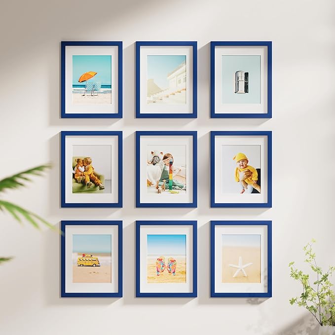 Vittanly 8x10 Picture Frame Set of 9 - Display 5x7 Photos with Mat or 8x10 Without Mat, Wall Mount & Tabletop Frames for Home Decor, Horizontal or Vertical (Blue)