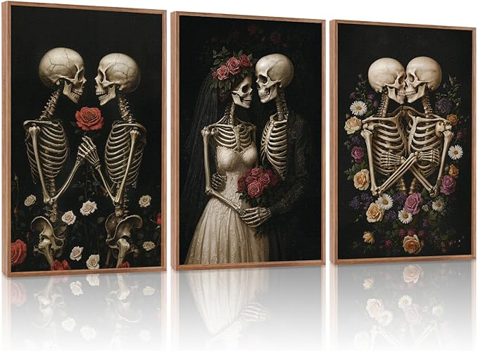 HLNIUC Halloween Rose Wedding Framed Wall Art,Vintage Skeleton Rose Canvas Prints,Abstract Romantic Theme Wall Decor Set of 3(16”x24”)Dark Romance Framed Painting,Roses Skull Art Print for Living Room