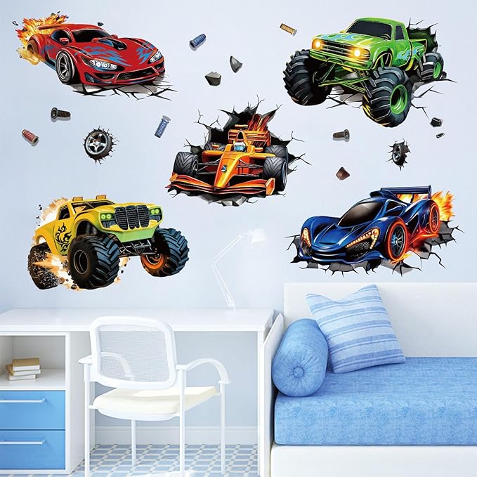 3D Racing Cars Wall Decals - Truck Bursting Through Wall, F1 Racing Cars Wall Stickers for Kids Room Boys Bedroom