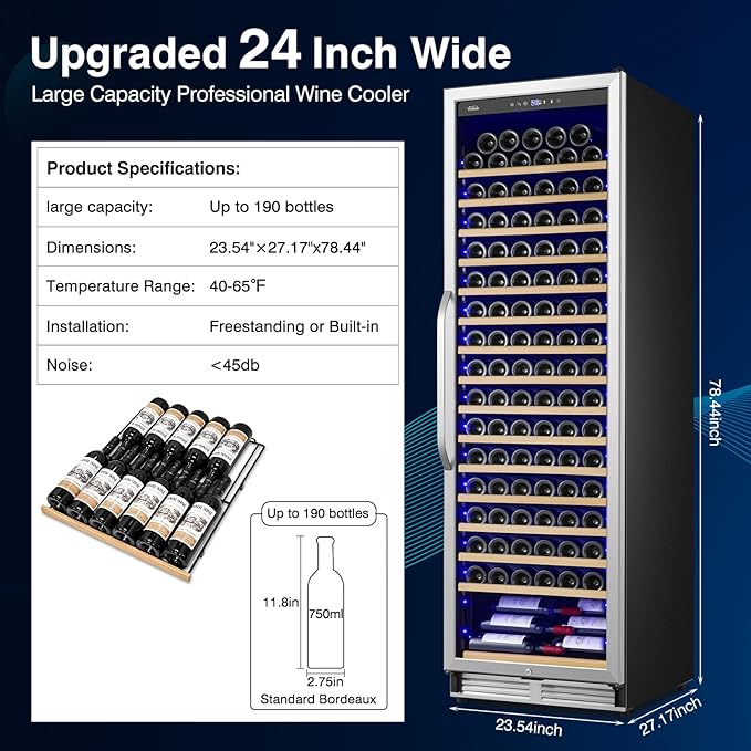 Upgraded 190 Bottles Wine Cooler Refrigerator,24 Inch Wide Wine Fridge with Professional Temperature Control System, Freestanding or Built-in installation, Quiet Operation