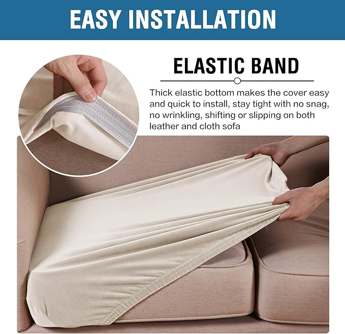 H.VERSAILTEX Velvet Stretch Couch Cushion Cover Plush Cushion Slipcover for Chair Loveseat Sofa Cushion Furniture Protector Seat Cushion Sofa Cover (3 Piece XL Sofa Cushion Covers, Ivory)