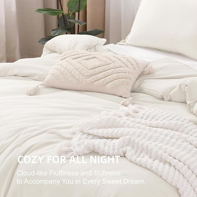 Litanika Ivory Comforter Set King Size, 3 Pieces Lightweight Solid Bedding Comforter Set, All Season Fluffy Bed Set (104x90In Comforter & 2 Pillowcases)