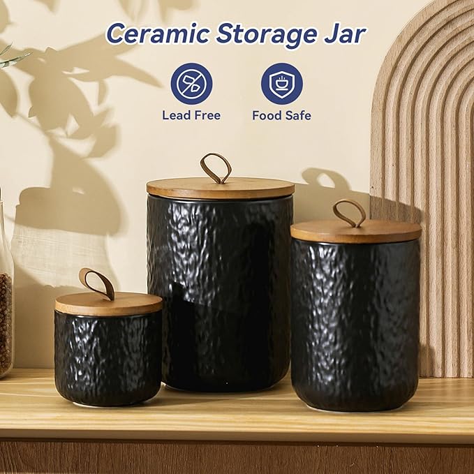 Kitchen Canisters for Countertop, Ceramic Coffee Canisters with Airtight Lids Food Storage Jars Sugar Container for Kitchen Counter Tea, Coffee Beans, Spice (#001Black-Set of 3)