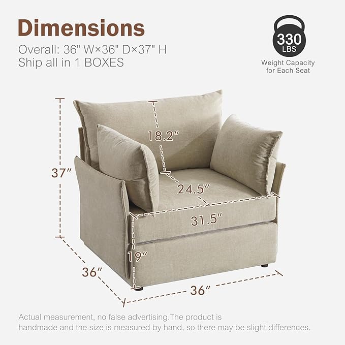 Oversized Accent Chair, Upholstered Modern Sofa Chair with Removable Backrest & Detachable Cover, 24.5" Deep Seat Large Reading Armchair for Living Room Bedroom Office - Chenille Beige Set of 1