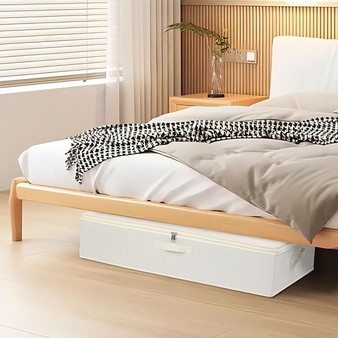 Underbed Storage Box, Clothes Organizer With Sturdy Structure and Reinforced Handles for Blanket, Sheets, Pillows, Towels, Shoes, Beige, 2 Pack, 31.5 x 15.7 x 5.9 Inch