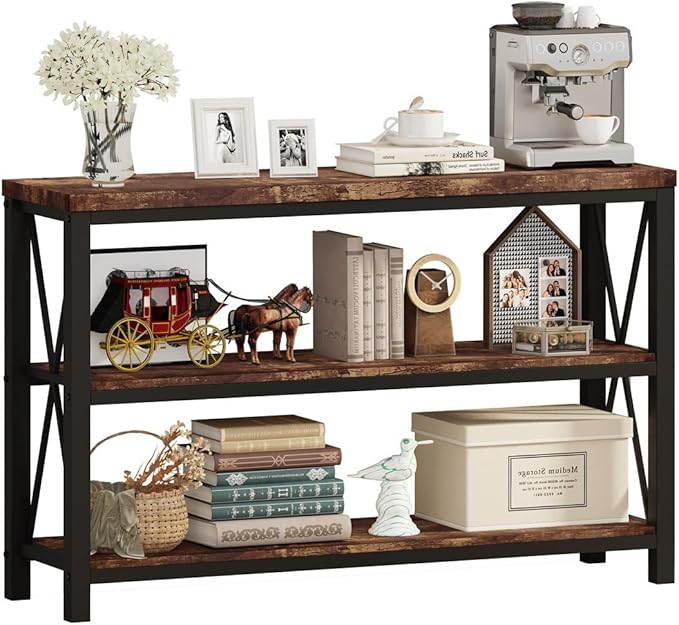 BON AUGURE Industrial Sofa Console Table for Entryway, 3 Tier Foyer Table for Hallway, Rustic Hall Tables Behind Couch (47 Inch, Rustic Brown)