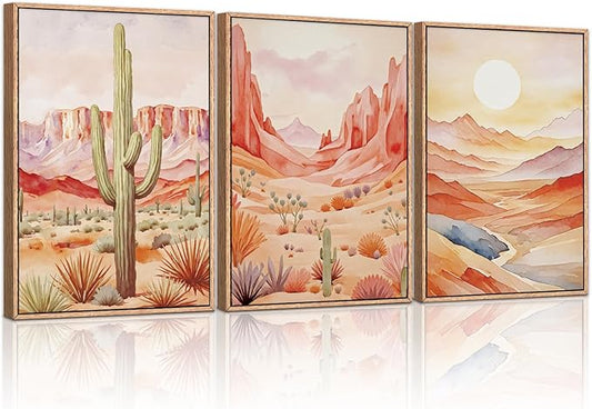 HLNIUC Boho Desert Plant Framed Canvas Wall Art Set,Southwestern Sun Mountain Wall Decor,Cactus Sunset Landscape Wall Painting,Watercolor Abstract Desert Art Prints for Living Room,Bedroom - 16”x24”x3