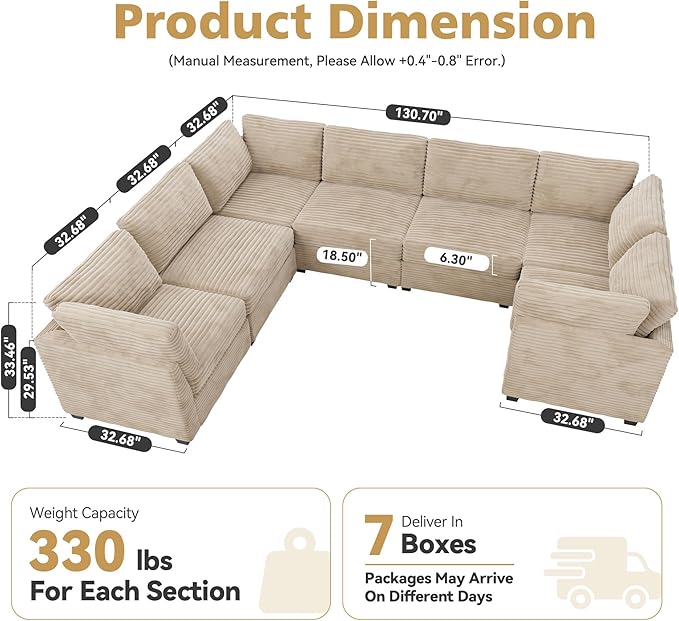 Modular Sectional Sofa with Chaise U Shaped Sectional Couch for Living Room, 7-Seater Comfy Cloud Couches, Plush Corduroy, Beige