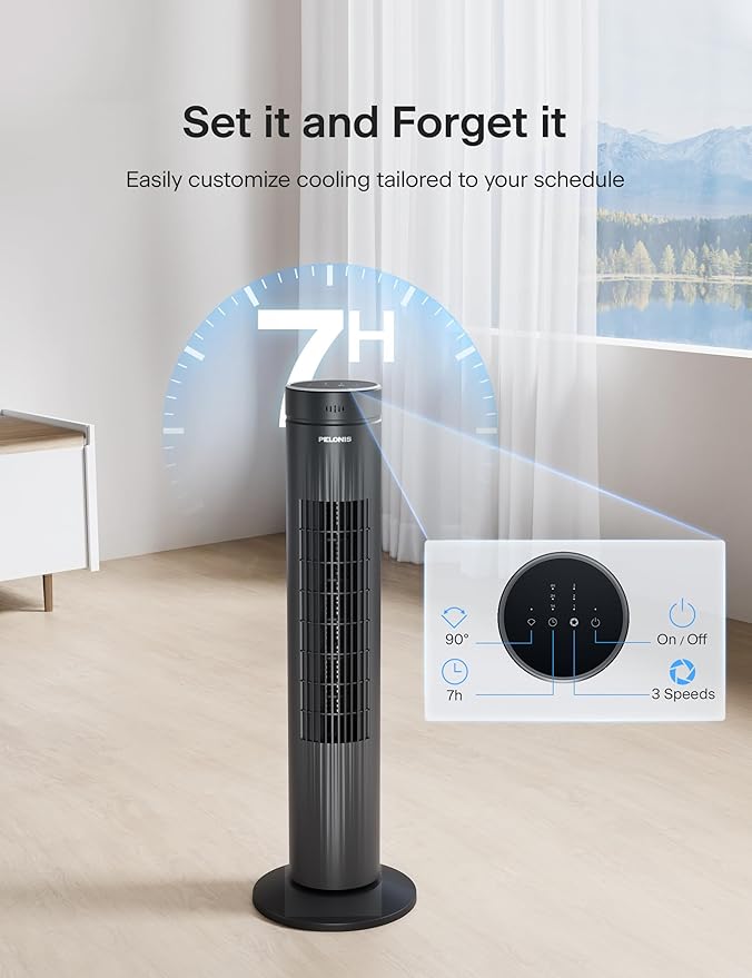 Pelonis 30-Inch Oscillating Tower Fan for Bedroom – 3 Speed, Quiet Tower Fan with Remote ControL, Small Fan, 7-Hour Timer – ETL Certified, Black