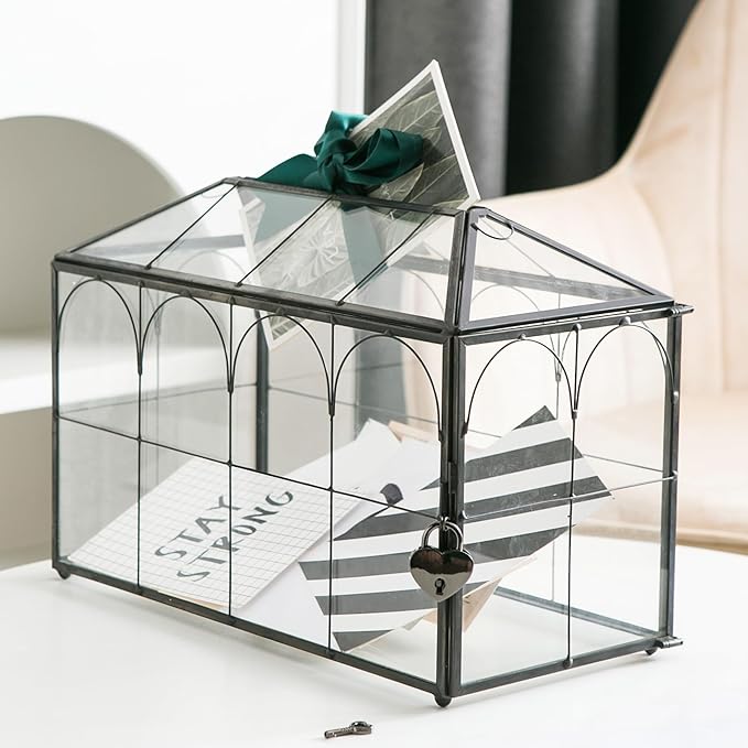 Wedding Card Box with Slot, 12.6'' Large Glass Card Boxes for Reception, Black Geometric Holder, Clear Decorative Storage Box with Lock for Baby Shower, Birthday Party, Christmas, Bridal Shower