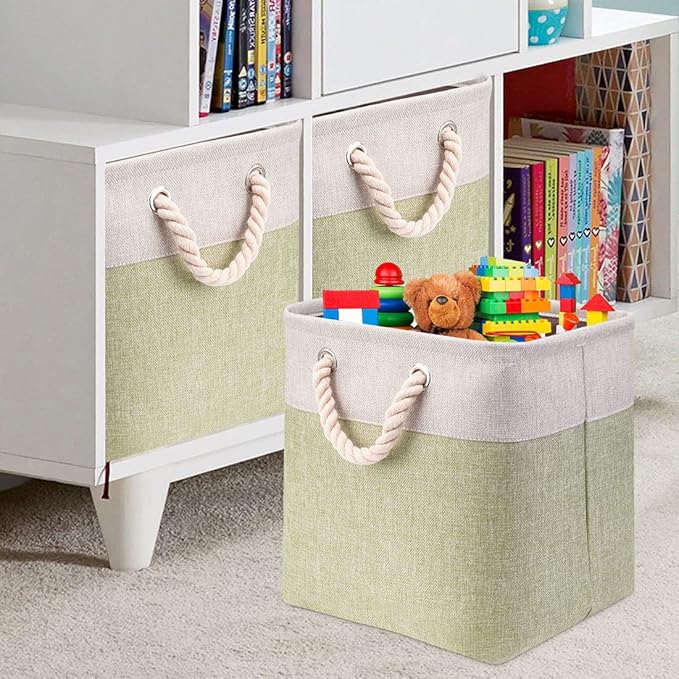 i BKGOO 3Pack Large Foldable Storage Bins,Collapsible Sturdy Cationic Fabric Organizing Storage Basket Cube with Cotton Handles for Home Office Shelf Clothes Toys Beige-Green 13×13×13 inch