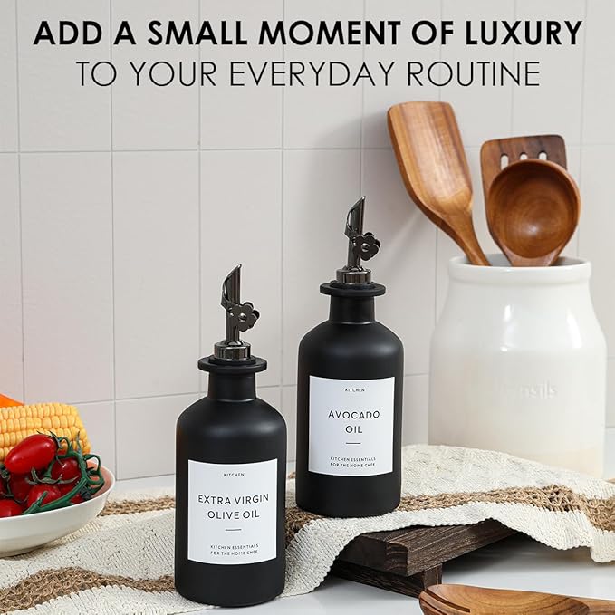 HOMCDALY Olive Oil Dispenser for Kitchen, 11.8oz Glass Kitchen Dispenser Bottle, Black Oil&Vinegar Cruet Set, Leakproof Olive Oil Bottles | Set of 2 (11.8oz – Black)