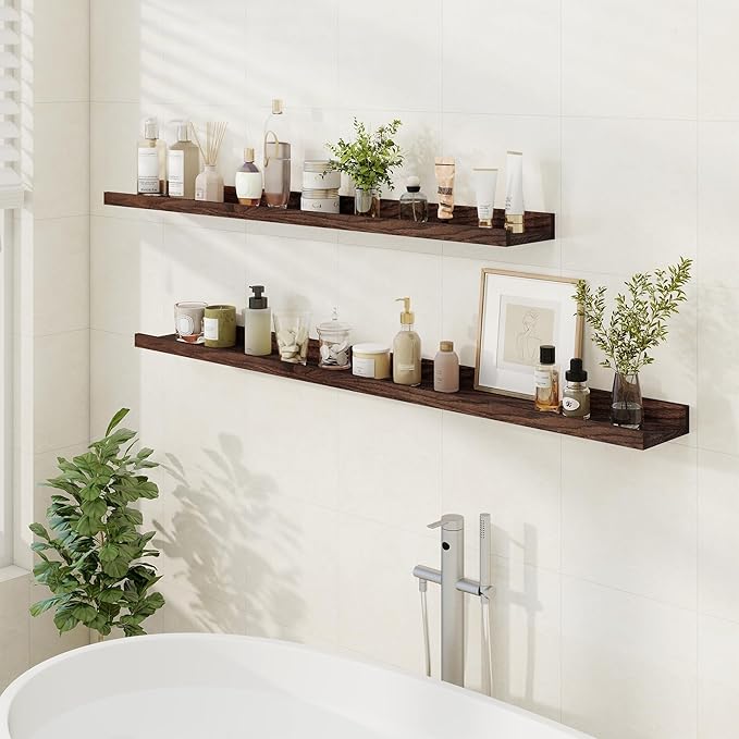 Floating Picture Ledge Shelves 48 Inch Solid Oak Wood Set of 2, Rustic Wall Storage Shelves with Lip, Kids Bookshelf, Photo & Picture Ledge Shelves for Bedroom, Living Room, Kitchen