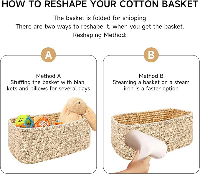 Small Storage Baskets for Organizing | Closet Organizer Bins | Shelf Toy Basket | Woven Rope Baskets | Cube Decorative Box | Shallow Basket | 13x8.5x5.1” | 4 Packs Yellow