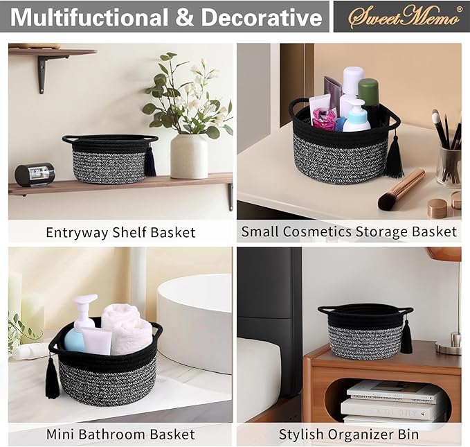 Small Gift Basket Empty to Fill – SweetMemo Mini Woven Rope Organizer Baskets for Gifting, Baby Shower, Desk, Bathroom, Shelves – Decorative Soft Bin with Gift Bag & Ribbon – Black Grey