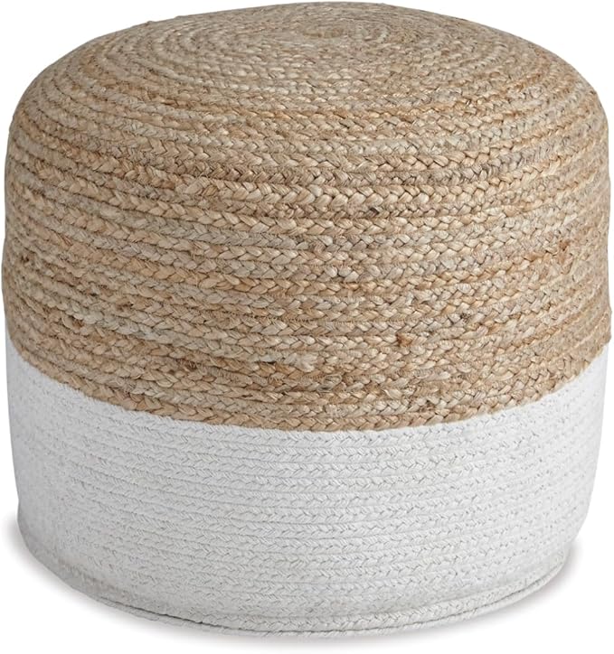 Signature Design by Ashley Sweed Valley Jute & Cotton Pouf, 19 x 19 Inches, Beige & White