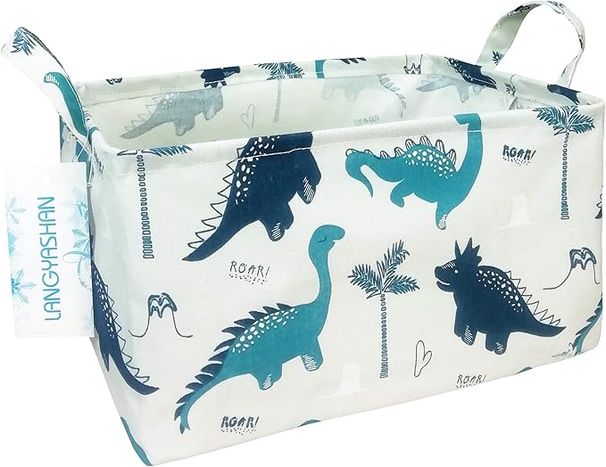 LANGYASHAN Rectangular Storage Bin Collapse Canvas Fabric Cartoon Storage Basket with Handles for Organizing Home Kitchen Boys and Girls Toys Office Closet Shelf Baskets (Rec green dinosaur)