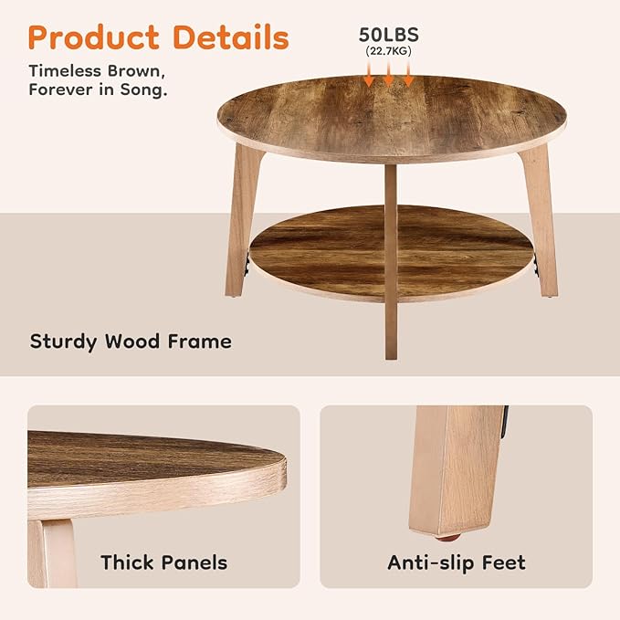 Sweetcrispy Round Coffee Table, 36'' Wood Coffee Tables for Living Room with Storage, 2-Tier Center Circle Counter with Wooded Desktop, 50 lbs Capacity, Anti-Slip Feet, Modern Farmhouse Design, Brown