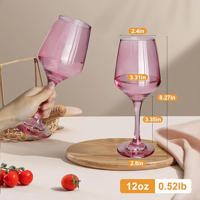 Pink Wine Glasses Set of 6-12oz Pink Long Stem Wine Glass Cups, Pink Pretty Crystal Glassware, Hand Blown Goblets Drinkware, Unique Drinking Stemware Holiday Gift Set for Women