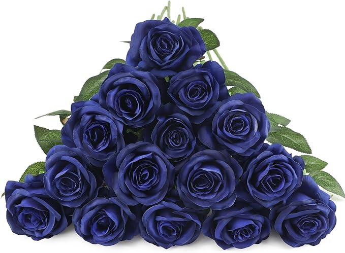 Blue Fake Roses Artificial Flowers - 10 Pcs Fake Artificial Roses Silk Flowers with Stems for Home Wedding Hotel Office Centerpiece Decor(Navy Blue)