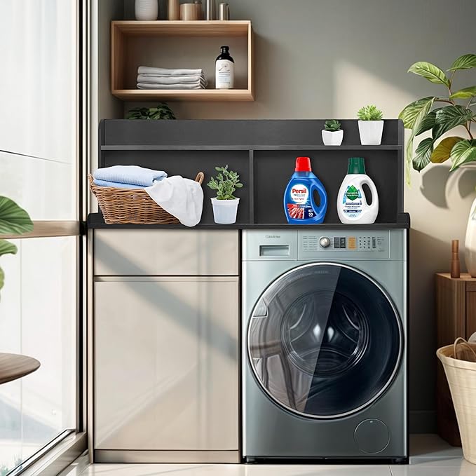Royxen 2-Tier Washer Dryer Countertop,19.5"H Wood Washer and Dryer Topper with Storage Shelf,Laundry Countertop Over Washer Machine, Universal Fit for Laundry Room Organization (Black, 54"W X 27.5"D)