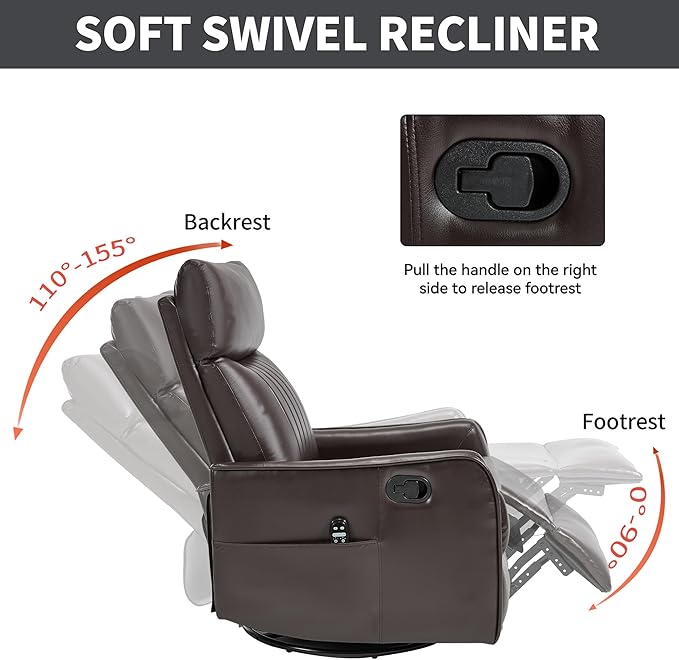 Manual Swivel Rocker Recliner Chair for Adults, Overstuffed Reclining Glider Chair for Nursing with Vibration Massage & Heat, Living Room Rocking Recliner 2-Stage backrest, Faux Leather Brown