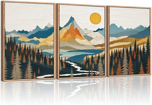 HLNIUC Large Sunset Mountain Framed Wall Art,Boho Forest Pine Tree Canvas Wall Decor Set of 3(16”X24”) Blue and Orange Landscape Art Print,Colorful Mountain Lake Wall Painting for Living Room,Bedroom