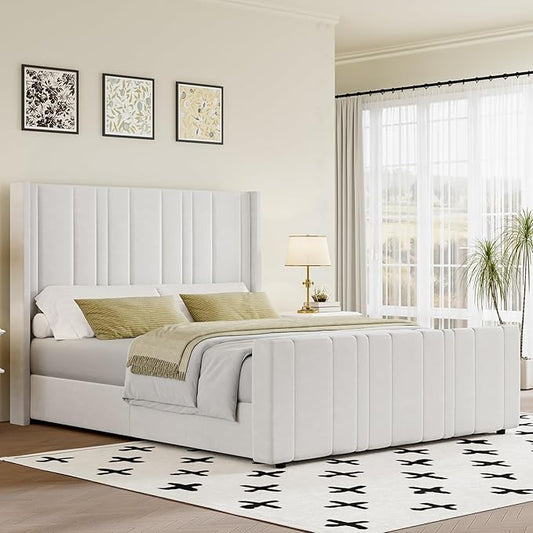 HOMBCK Full Bed Frame Upholstered Bed with Vertical Channel Tufted Headboard & Footboard/Wooden Slats/No Box Spring Needed/Easy Assembly, Cream