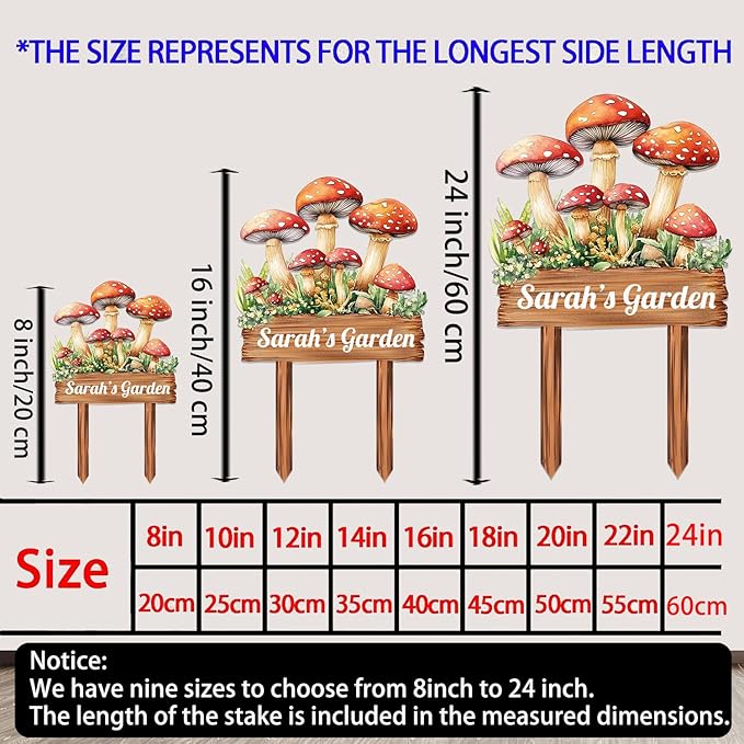 Personalized Mushroom Metal Sign with Stake,Custom Gardener Family Name Signs Outdoor Decor,Customized Flower Gardening Housewarming Gifts,Flowers Plaques for Patio Lawn Porch Backyard Farmhouse