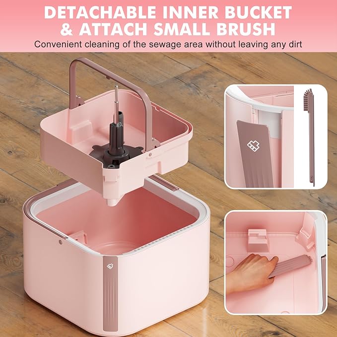 Upgraded Spin Mop and Bucket Set Self-Standing Mop Bucket Separate Dirty and Clean Water System Self Wringing 360° Rotating 90° Foldabl Mops and Buckets for Floor Cleaning (Pink, 6Pads)
