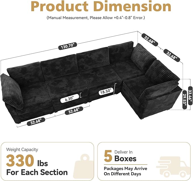 Modular Sectional Sofa with Chaise U Shaped Sectional Couch for Living Room, 5-Seater Comfy Cloud Couches, Plush Corduroy, Black