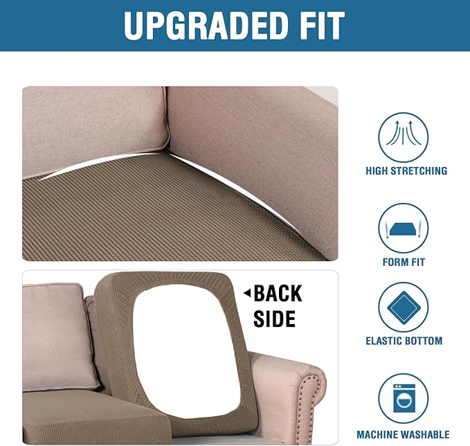 H.VERSAILTEX Super Stretch Individual Seat Cushion Covers Sofa Covers Couch Slipcover Sets Thick Jacquard Textured Twill Fabric (3 Piece Sofa Cushion Covers, Macchiato)