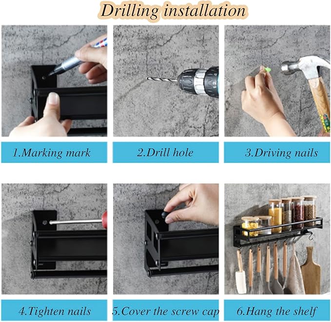 Wall Mount Storage Holder,Stainless Steel Strong Shelf with 6 Removable Hooks, Spice Rack Organizer,Kitchen Organizer Shelf, Space Saving Spice Rack and Kitchen Storage (black)