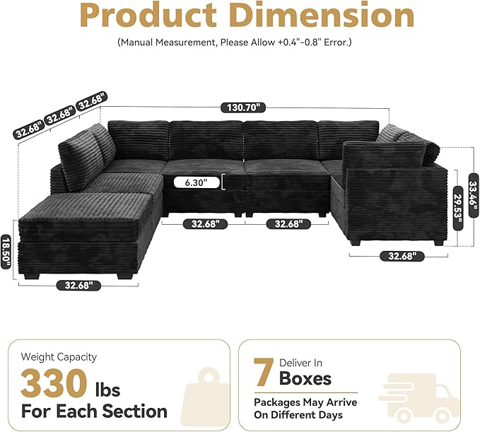 Modular Sectional Sofa with Chaise U Shaped Sectional Couch for Living Room, 7-Seater Comfy Cloud Couches with One Movable Ottoman, Plush Corduroy, Black