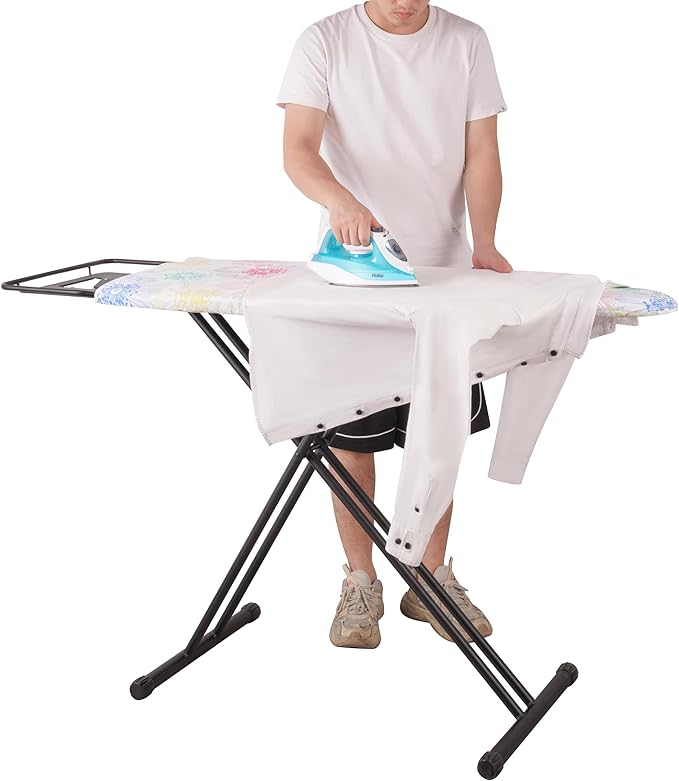 Extra Large Ironing Board with Hang Rail and Iron Rest 63" L x 20" W (Large with Iron Rest (Floral Cover))