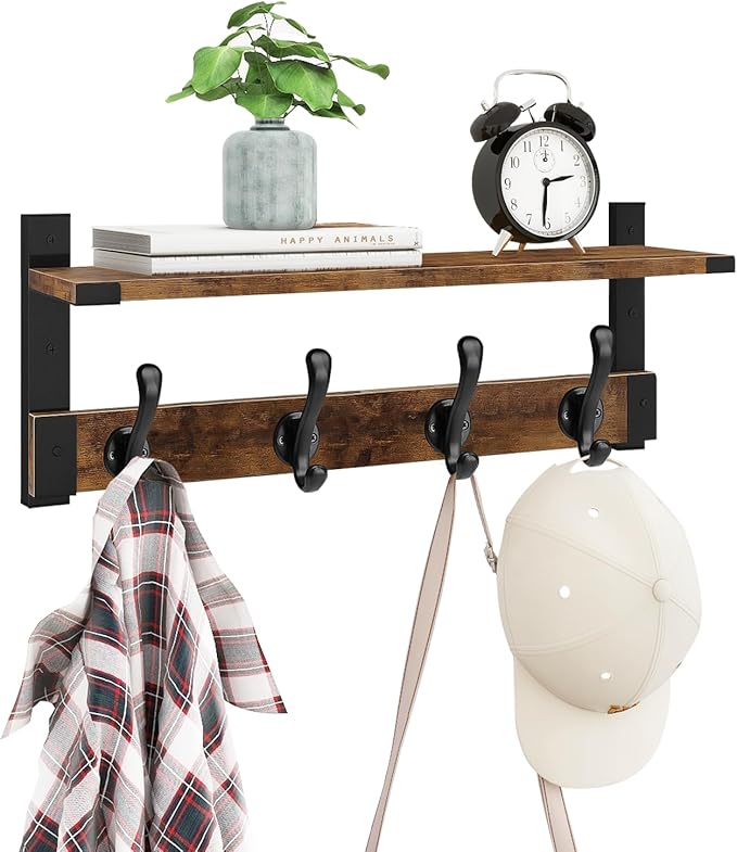 Homode Coat Rack Wall Mount with Shelf, Wood Wall Hooks with Shelf, Heavy Duty Entryway Shelf with Hooks with 4 Metal Hangers for Hanging Key Towel Hat Purse, Bathroom Bedroom, Rustic Brown Black
