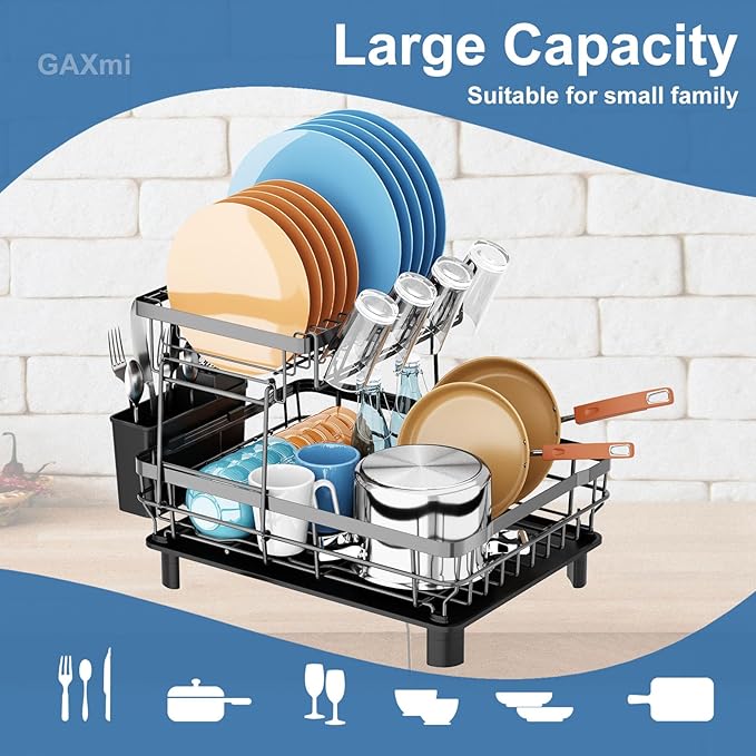 GAXmi Dish Drying Rack Over The Sink Dish Drainer with Drainboard Utensil Holder Cup Holder, 2-Tier Grey