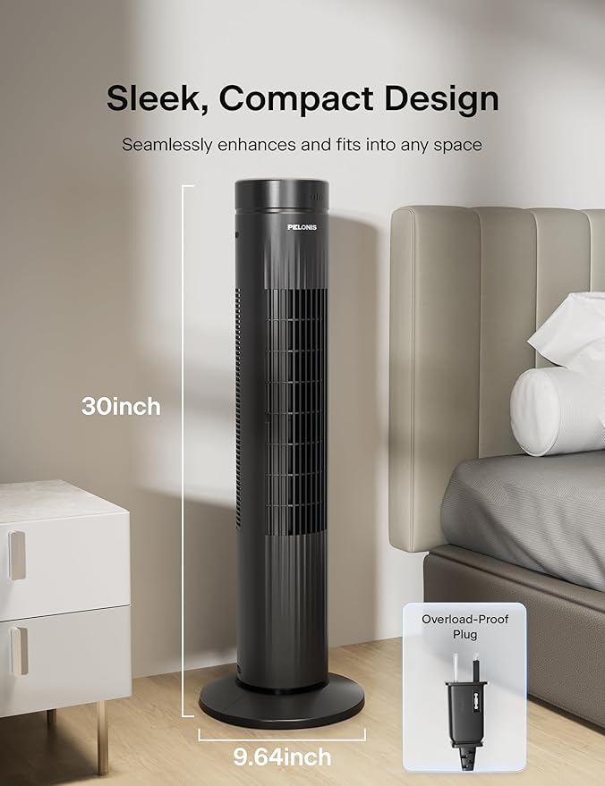 Pelonis 30-Inch Oscillating Tower Fan for Bedroom – 3 Speed, Quiet Tower Fan with Remote ControL, Small Fan, 7-Hour Timer – ETL Certified, Black