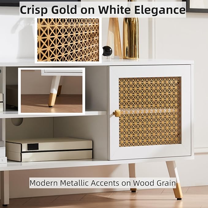 JYED Mid Century Modern TV Stand and Console for TVs Up to 75" - White Entertainment Center, 2 Gold Metal Mesh Doors & MDF Wood Grain, 15.8" D x 66" W x 23.5" H