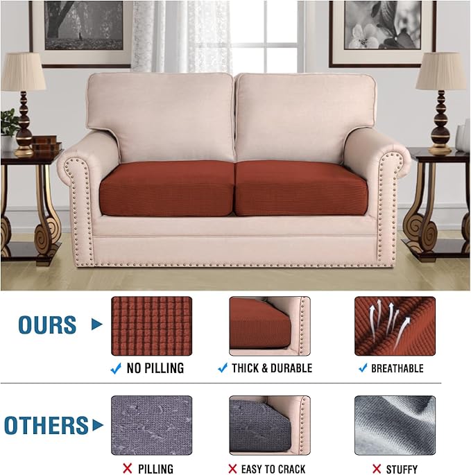 H.VERSAILTEX Super Stretch Individual Seat Cushion Covers Sofa Covers Couch Cushion Covers Slipcover Sets Thick Jacquard Textured Twill Fabric (2 Piece Medium Sofa Cushion Covers, Rust)