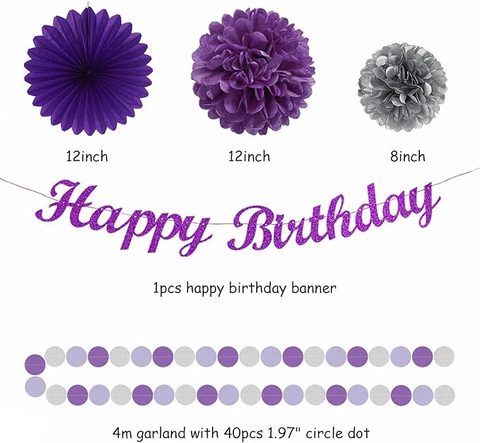 Purple Silver Birthday Party-Decorations Paper-Flowers - 14pcs Happy Banner Lavender Lanterns Tissue Pom Poms,Lilac Streamers Garland Fans,Women Girls Adult Kids Office Hanging Supplies Decor Hugfond