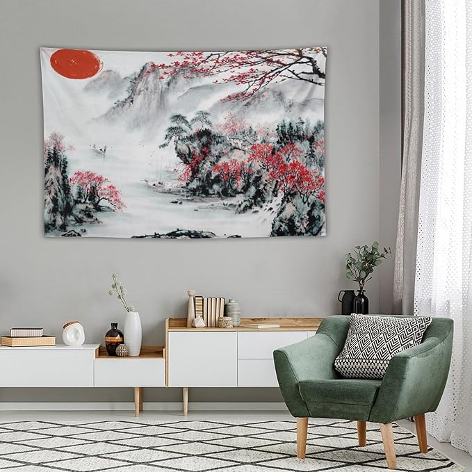 Cherry Blossoms Tapestry,Japanese Red Landscape Asian Watercolor Abstract Art Tapestry, Asian Japanese Wall Tapestry, Nature Landscape Tapestries for Bedroom Living Room Decor 60"x40"